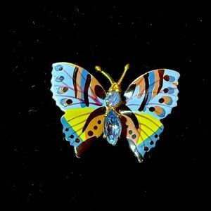 Vintage Czechoslovakia Butterfly Brooch Hand Painted Enamel Aqua Blue Rhinestone